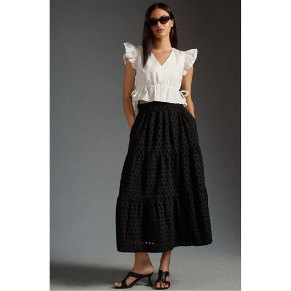 NEW Anthropologie Somerset Black Tiered Smocked Eyelet Pockets Maxi Skirt Medium - Picture 1 of 8